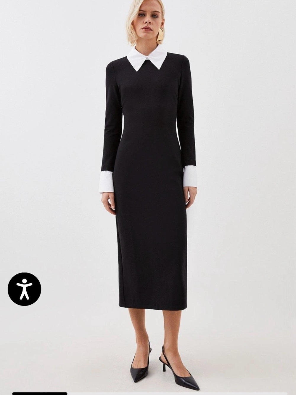 Karen Millen Black Midi Dress with White Collar and Cuffs